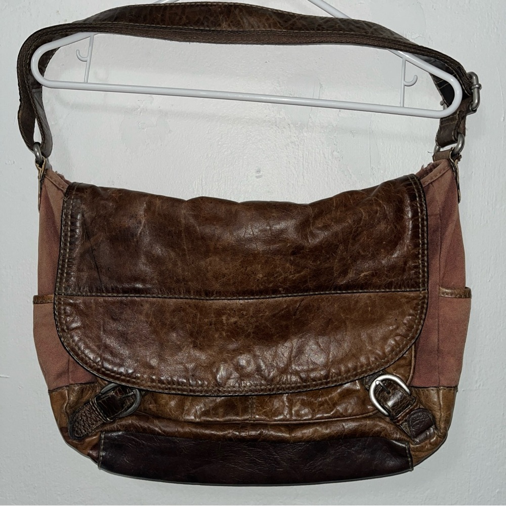 Fossil Brown Glazed Leather Large Messenger Bag Magnetic Close Canvas Straps